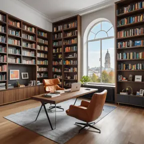 A spacious, open-plan office with a large, floating desk made of polished wood, a comfortable leather armchair, and a wall of bookshelves filled with colorful books. A large window provides natural light and a view of a city park.