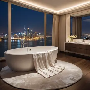 A luxurious bedroom with a king-size bed draped in silk sheets, a plush rug, and a large, freestanding bathtub with a view of a sparkling city at night. The room is bathed in soft, warm lighting.