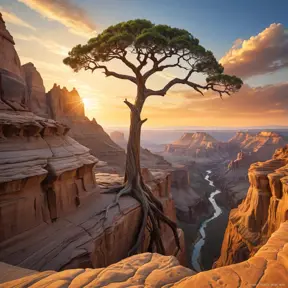 A vast, otherworldly canyon carved by time, with towering sandstone formations reaching towards a vibrant, sunset sky. A lone, weathered tree clings to the edge, its roots grasping the ancient rock.