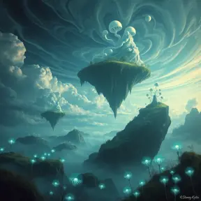 A surreal, otherworldly landscape, with floating islands suspended in a sky filled with swirling clouds. Strange, bioluminescent plants illuminate the scene with an ethereal glow.