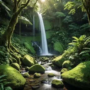 A cascading waterfall surrounded by lush, emerald-green rainforest, with sunlight filtering through the dense canopy, casting dappled shadows on the moss-covered rocks below.