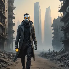 A cyberpunk dystopia, a desolate wasteland dotted with crumbling skyscrapers, the air thick with smog and radiation, a lone figure walks through the wasteland, their face obscured by a mask, carrying a flickering lantern.