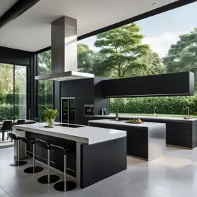 A futuristic kitchen with sleek, black cabinetry, stainless steel appliances, and a large island featuring a built-in induction cooktop and a breakfast bar with high-backed stools. A wall of windows overlooks a verdant garden.