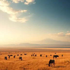 A panoramic view of a vast, golden savannah at dawn, with herds of wildlife grazing and a distant, snow-capped mountain range on the horizon.