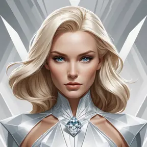 Emma Frost in diamond form, faceted skin sparkling, cold beauty, powerful stance, minimalist background, sharp lines, art deco inspiration, elegant