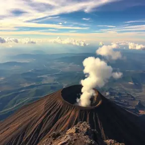 A breathtaking view from the summit of a volcanic peak, with plumes of smoke rising from the crater. Below, a vast, undulating landscape stretches out towards the horizon, dotted with scattered villages.