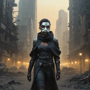 A cyberpunk dystopia, a desolate wasteland dotted with crumbling skyscrapers, the air thick with smog and radiation, a lone figure walks through the wasteland, their face obscured by a mask, carrying a flickering lantern.