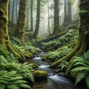 A dense, ancient forest with towering, moss-covered trees, a carpet of ferns, and a hidden, crystal-clear stream winding through the undergrowth.