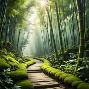 Deep within a bamboo forest, sunlight filters through the leaves, illuminating a moss-covered path. (Zen, meditation, green, ethereal)