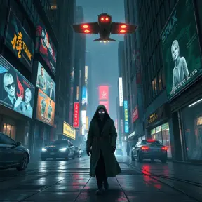 A cyberpunk street scene, holographic projections of advertisements flicker on buildings, robotic police patrol the streets, a lone figure in a trench coat walks down the sidewalk, their face obscured by a glowing mask, a flying car zooms overhead.
