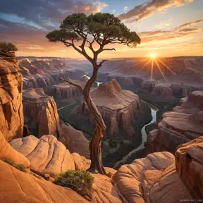 A vast, otherworldly canyon carved by time, with towering sandstone formations reaching towards a vibrant, sunset sky. A lone, weathered tree clings to the edge, its roots grasping the ancient rock.