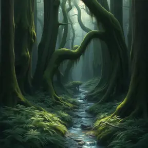 A dense, ancient forest with towering, moss-covered trees, a carpet of ferns, and a hidden, crystal-clear stream winding through the undergrowth.