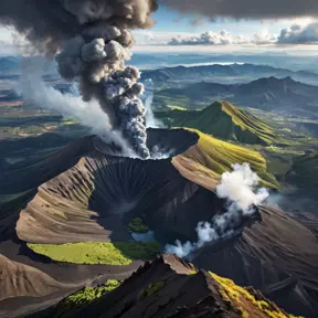 A breathtaking view from the summit of a volcanic peak, with plumes of smoke rising from the crater. Below, a vast, undulating landscape stretches out towards the horizon, dotted with scattered villages.