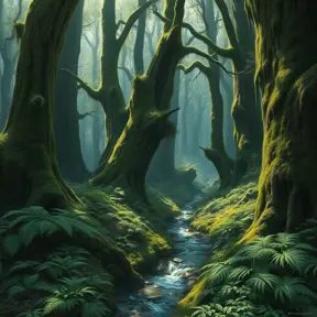 A dense, ancient forest with towering, moss-covered trees, a carpet of ferns, and a hidden, crystal-clear stream winding through the undergrowth.