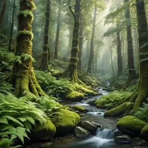 A dense, ancient forest with towering, moss-covered trees, a carpet of ferns, and a hidden, crystal-clear stream winding through the undergrowth.