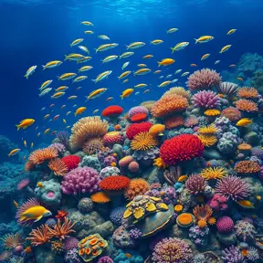 A vibrant, colorful coral reef teeming with marine life, including schools of fish, sea turtles, and vibrant anemones, all set against the deep blue ocean.