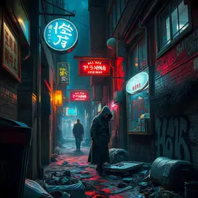 A decaying cyberpunk alleyway, graffiti-covered walls illuminated by flickering neon signs, a lone figure in a hooded cloak sifting through trash, the air thick with the smell of ozone and decay.