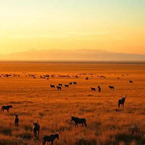 A panoramic view of a vast, golden savannah at dawn, with herds of wildlife grazing and a distant, snow-capped mountain range on the horizon.