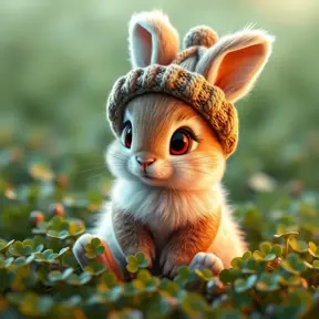 A fluffy baby bunny with big eyes, wearing a tiny knitted hat, sitting in a field of clovers, soft lighting, adorable, cute, pixar style