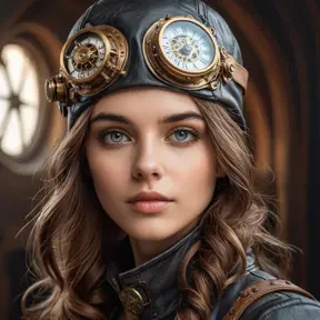 A portrait of a young woman with intricate clockwork gears embedded in her skin, her eyes glowing with a soft, ethereal light. She wears a leather aviator hat and goggles, her expression a mix of curiosity and determination. Steampunk aesthetic, highly detailed, vintage photography style.