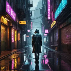 Deserted alleyway in a dystopian cyberpunk city, rain slick streets reflecting neon signs, steam rising from grates, flickering holographic advertisements, a lone figure silhouetted in the distance, a sense of loneliness and urban decay, cyberpunk art, dark and atmospheric