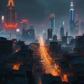 A sprawling shantytown built precariously on the edges of a towering, neon-drenched megacity, the chasm between rich and poor starkly illuminated by flickering streetlights and the glow of advanced technology, digital art