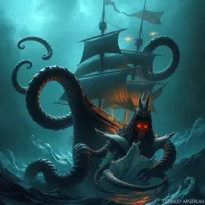 A kraken, tentacles wrapped around a pirate ship, dragging it into the depths of the ocean, dark fantasy, epic scene, dramatic lighting