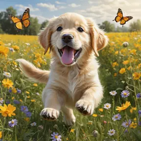 A playful golden retriever puppy with its tongue out, chasing butterflies in a field of wildflowers, whimsical, storybook illustration