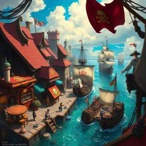 A bustling pirate cove, filled with taverns, ships, and pirates from all walks of life, vibrant colors, lively atmosphere, concept art