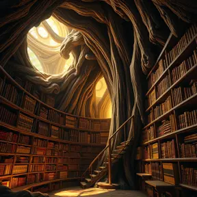 A solitary, ancient library carved into the heart of a giant sequoia tree, bathed in warm, golden light. Shelves overflow with ancient tomes bound in leather and illuminated manuscripts. A spiral staircase winds upwards, disappearing into the shadows of the treetop.