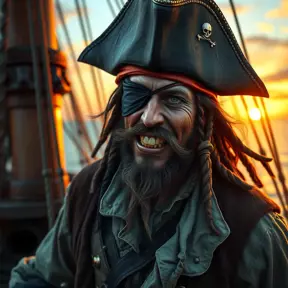 A weathered pirate captain with a gleaming gold tooth, eyepatch, and tricorn hat, standing on the deck of his ship at sunset, rendered in a hyperrealistic style