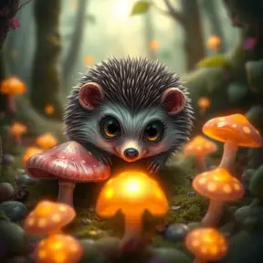 A tiny hedgehog with big eyes and a curious expression, sniffing a pink mushroom in a magical forest, fantasy art, glowing mushrooms