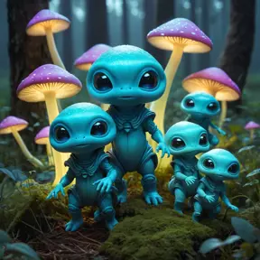 A group of bioluminescent baby aliens playing hide and seek in a field of glowing mushrooms, whimsical, dreamlike, soft focus