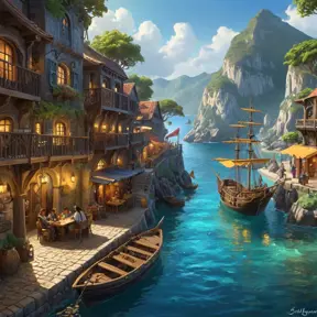 A bustling pirate cove, filled with taverns, ships, and pirates from all walks of life, vibrant colors, lively atmosphere, concept art