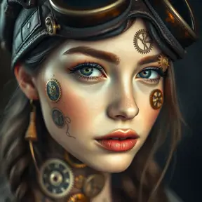 A portrait of a young woman with intricate clockwork gears embedded in her skin, her eyes glowing with a soft, ethereal light. She wears a leather aviator hat and goggles, her expression a mix of curiosity and determination. Steampunk aesthetic, highly detailed, vintage photography style.