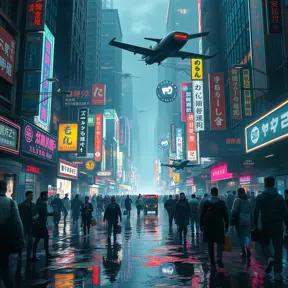 A cyberpunk street bustling with life, neon signs reflecting off puddles, flying vehicles zipping through towering skyscrapers, crowds of people with augmented limbs and holographic projections, a sense of gritty realism and vibrant chaos, trending on artstation, intricate details