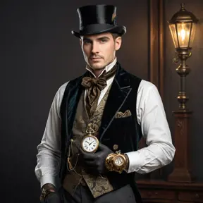 An elegant Victorian gentleman with a finely crafted prosthetic arm made of polished brass and copper. He holds a pocket watch that displays intricate gears instead of numbers. Dressed in a velvet waistcoat and cravat, a top hat casting a shadow over his piercing gaze. Steampunk, cinematic lighting, Art Deco elements.