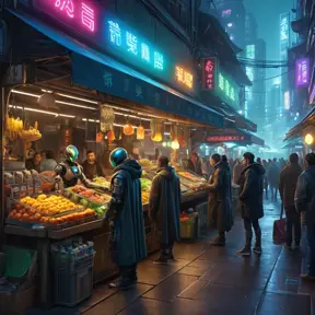 Cyberpunk street market at night, brightly lit stalls selling exotic goods and cybernetic enhancements, a diverse crowd of humans, aliens, and robots haggling over prices, vibrant colors and a sense of energy and excitement, cinematic lighting, detailed environment