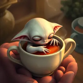 A sleepy alien with big, droopy ears curled up inside a cup of tea, cozy, warm colors, storybook illustration