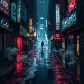 Deserted alleyway in a dystopian cyberpunk city, rain slick streets reflecting neon signs, steam rising from grates, flickering holographic advertisements, a lone figure silhouetted in the distance, a sense of loneliness and urban decay, cyberpunk art, dark and atmospheric