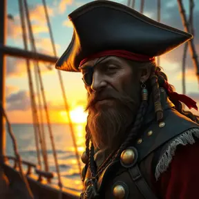 A weathered pirate captain with a gleaming gold tooth, eyepatch, and tricorn hat, standing on the deck of his ship at sunset, rendered in a hyperrealistic style