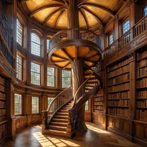 A solitary, ancient library carved into the heart of a giant sequoia tree, bathed in warm, golden light. Shelves overflow with ancient tomes bound in leather and illuminated manuscripts. A spiral staircase winds upwards, disappearing into the shadows of the treetop.