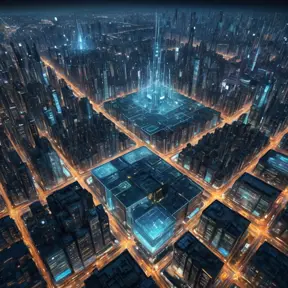 Aerial view of a sprawling cyberpunk city at night, glowing grid patterns of streets and buildings, flying vehicles weaving through the cityscape, holographic projections illuminating the sky, a sense of scale and technological advancement, futuristic architecture, 8k resolution