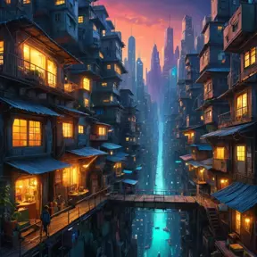 A sprawling shantytown built precariously on the edges of a towering, neon-drenched megacity, the chasm between rich and poor starkly illuminated by flickering streetlights and the glow of advanced technology, digital art