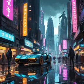 A cyberpunk street bustling with life, neon signs reflecting off puddles, flying vehicles zipping through towering skyscrapers, crowds of people with augmented limbs and holographic projections, a sense of gritty realism and vibrant chaos, trending on artstation, intricate details