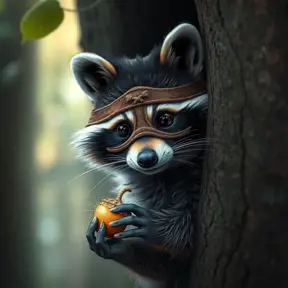 A mischievous raccoon wearing a tiny bandit mask, peeking out from behind a tree with a sparkling acorn in its paw, enchanting forest setting, soft focus