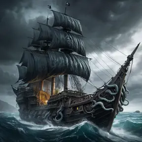 A kraken, tentacles wrapped around a pirate ship, dragging it into the depths of the ocean, dark fantasy, epic scene, dramatic lighting