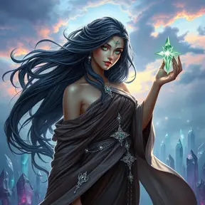 A stunning sorceress with emerald eyes, flowing raven hair interwoven with silver ornaments, clad in flowing silks that shift between the colors of a twilight sky, standing amidst a field of enchanted crystals, fantasy art