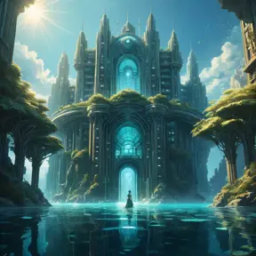 A hauntingly beautiful underwater city, sunlight filtering through the rippling surface above, bioluminescent flora and fauna illuminating the art deco architecture, the faint hum of unseen machinery echoing through the water, ethereal and eerie