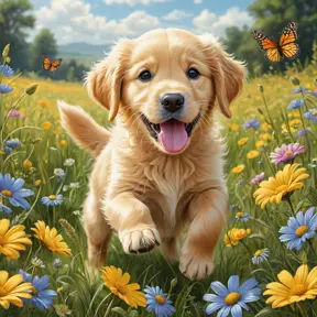 A playful golden retriever puppy with its tongue out, chasing butterflies in a field of wildflowers, whimsical, storybook illustration